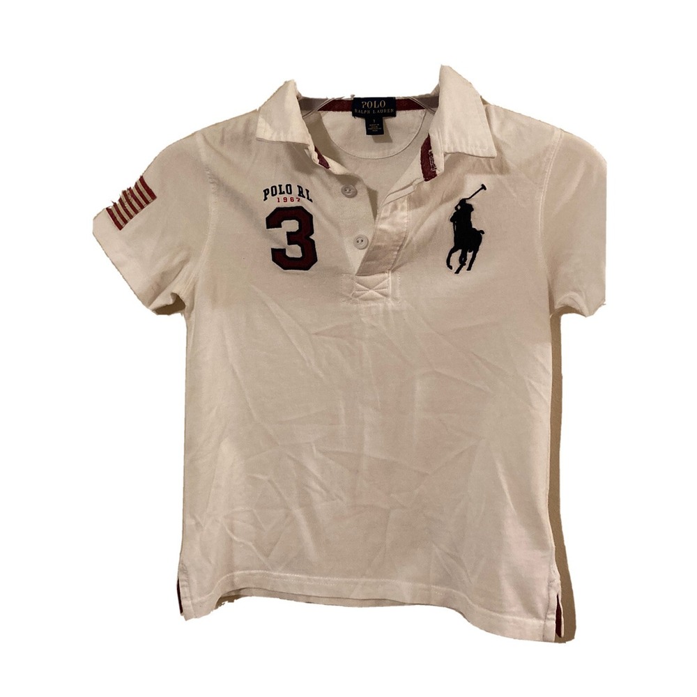 Boys Polo  Shirt White Big Pony Polo Ralph‎ Lauren Size 7 US Flag